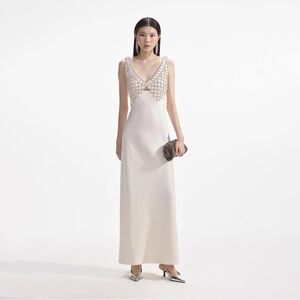 Self-Portrait Cream Satin Maxi Dress with Embellished Neckline